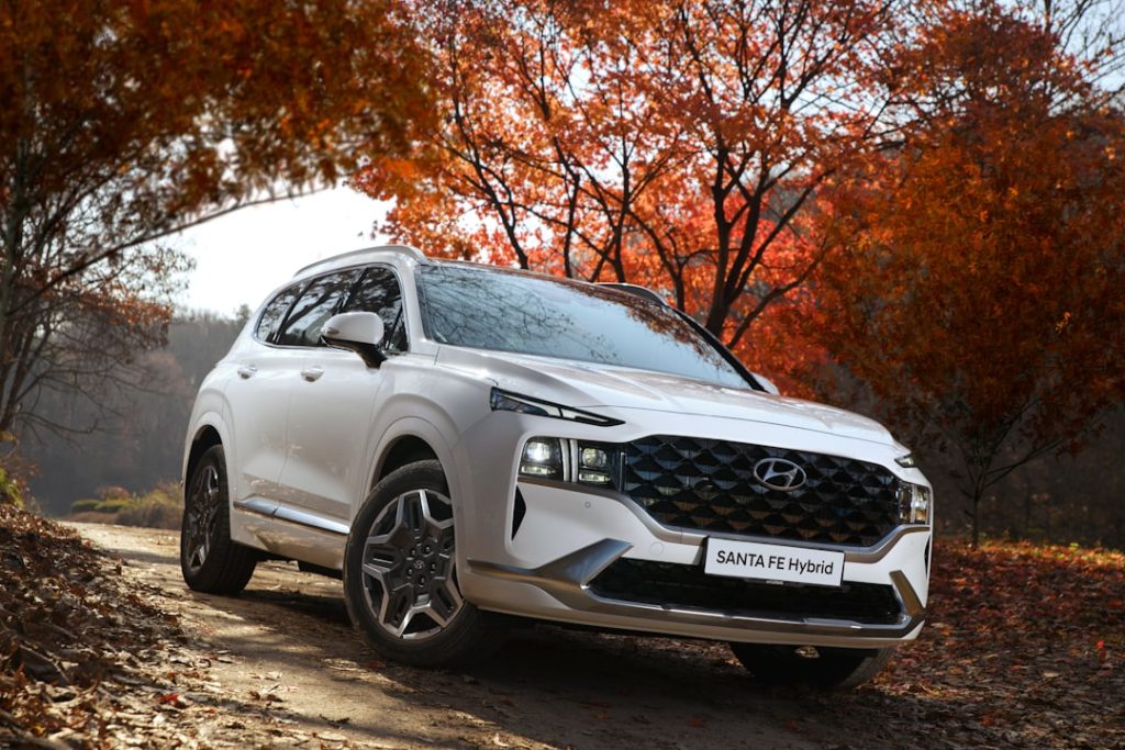 Hyundai SANTA FE across the red autumn forest